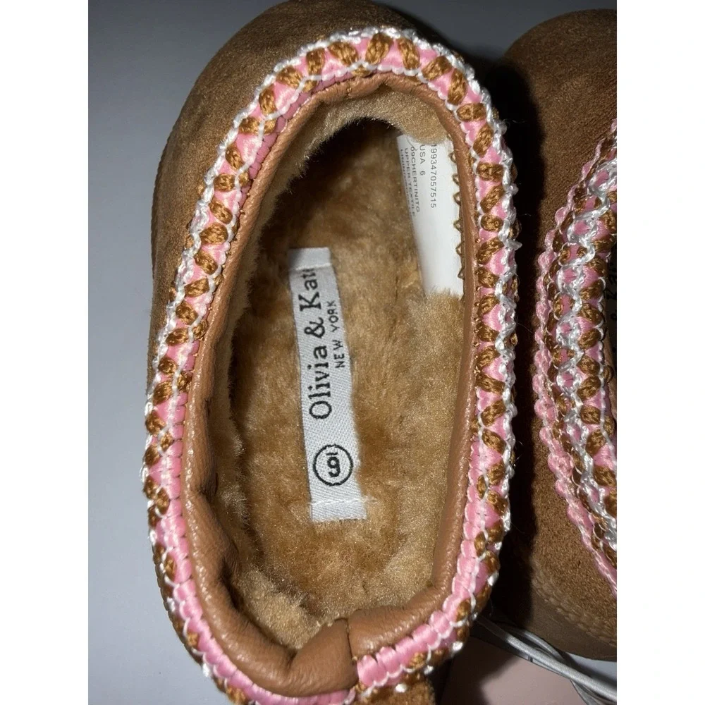 Olivia & Kate Girls Slippers Size 6 Brown Faux Fur Cozy Slip On NEW